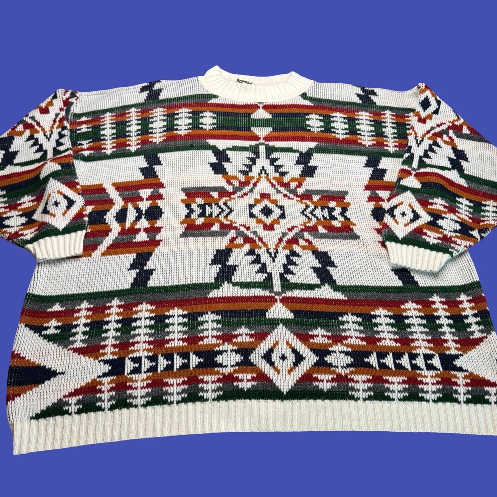 Diana Marco Sweater Southwestern Aztec Geometric Knit Crewneck Ivory Multicolor